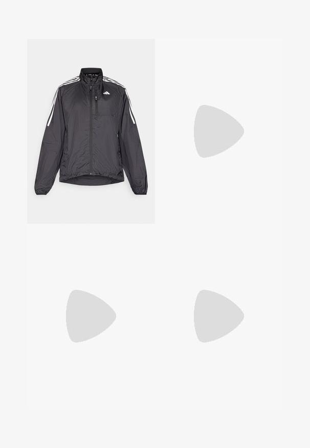 Veste de course légère noire avec un col montant, fermeture éclair à l'avant, poignets élastiques et bandes d'accentuation blanches le long des épaules.; Débardeur de sport sans manches vert clair en tissu respirant, avec un logo adidas noir et des graphiques de course au niveau du col et de la poitrine.; Shorts de sport noirs avec une taille élastique, dotés d'une bande texturée, de rayures sur les côtés, et d'un logo Adidas blanc sur l'ourlet inférieur.; Baskets de sport noires avec des rayures blanches, tige en mesh texturé et semelle blanche. Portées avec des leggings roses, mettant en valeur des vêtements d'entraînement.