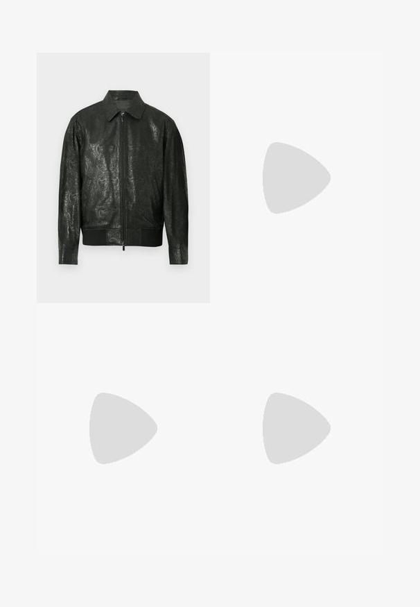 Black leather jacket with embossed swirling patterns, spread collar, front zipper, and ribbed cuffs and hem for a fitted look.; Two black cotton t-shirts with short sleeves and crew necks. Both feature a red brand label at the neckline. Simple, classic design.; Black denim jeans with a straight cut, five pockets, and contrasting stitching. Features a button closure and belt loops on the waistband.; Lacoste sneakers in dark gray with mesh and synthetic material, featuring a textured sole and brown accents on the collar and branding.; Black crossbody bag made of durable fabric, featuring a single adjustable strap, a zippered main compartment, and a front pocket.