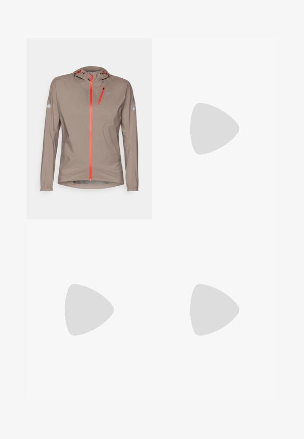 Lett, beige jakke med en tætsiddende hætte; har lyseorange lynlåse og detaljer, elastiske manchetter og et strømlinet design.; Sort ærmeløs løbetrøje lavet af let materiale med rund hals; har et diskret logo og sideåbninger for åndbarhed.; Sorte cropped leggings lavet af stretchy materiale, med en høj talje og blød tekstur, uden synlige mønstre eller hardware.; Sort Nike løbesko med åndbart mesh-overdel, hvidt swoosh-logo, tekstureret detaljering og en cremede ZoomX mellemsål.