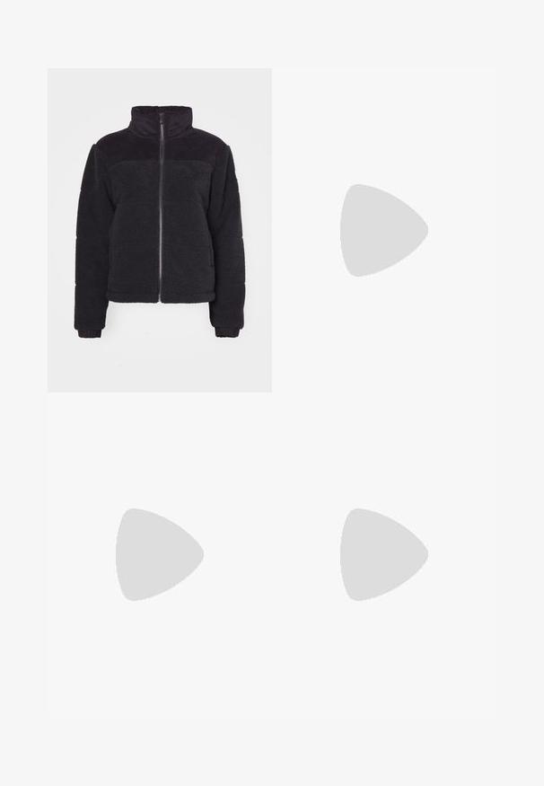 Black fleece jacket with a high collar, zipper closure, and ribbed accents. Soft texture and cropped design. Long sleeves with ribbed cuffs.; White short-sleeve t-shirt made of cotton, featuring a small gold mountain graphic on the chest and a loose, boxy fit.; Wide-leg, cream-colored trousers with an elastic waistband and drawstring. Smooth, lightweight linen fabric, no visible patterns or hardware.; White canvas shoes with a suede upper, strap across the instep, and a star-shaped silver accent. Paired with light pink ribbed socks.