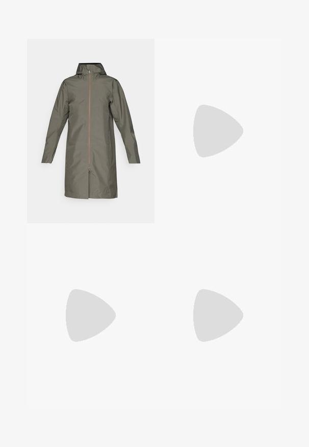 Olivenfarbener wasserdichter Regenmantel mit Kapuze, durchgehendem Reißverschluss und langen Ärmeln. Glatte Textur, mittellange Länge bis zur Oberschenkelmitte, minimalistisches Design.; The North Face M L/S SIMPLE DOME TEE - Langarmshirt - medium grey heather; The North Face WINTER EXPLORATION TAPERED CARGO  - Outdoor-Hose - black; Schwarzer Trailrunning-Schuh mit strukturiertem Obermaterial, Gummisohle und verstärkter Zehenkappe. Verfügt über einen gepolsterten Kragen und eine Ziehlasche für einfaches Anziehen.