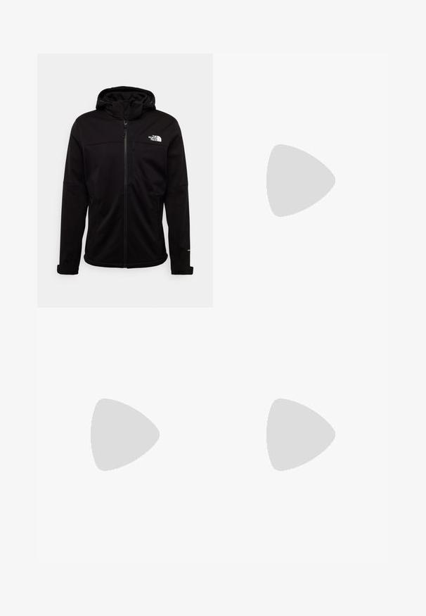 The North Face M DIABLO SOFTSHELL DETACHABLE HOOD - Soft shell jacket - black; Black short-sleeve athletic shirt with a textured fabric, featuring a white logo on the left chest and a straight hem.; Black athletic pants made from lightweight fabric, featuring a drawstring waistband, side pockets, and tapered cuffs at the ankles.; Black trail running shoe with a textured upper, rubber sole, and reinforced toe cap. Features a padded collar and pull tab for easy wear.