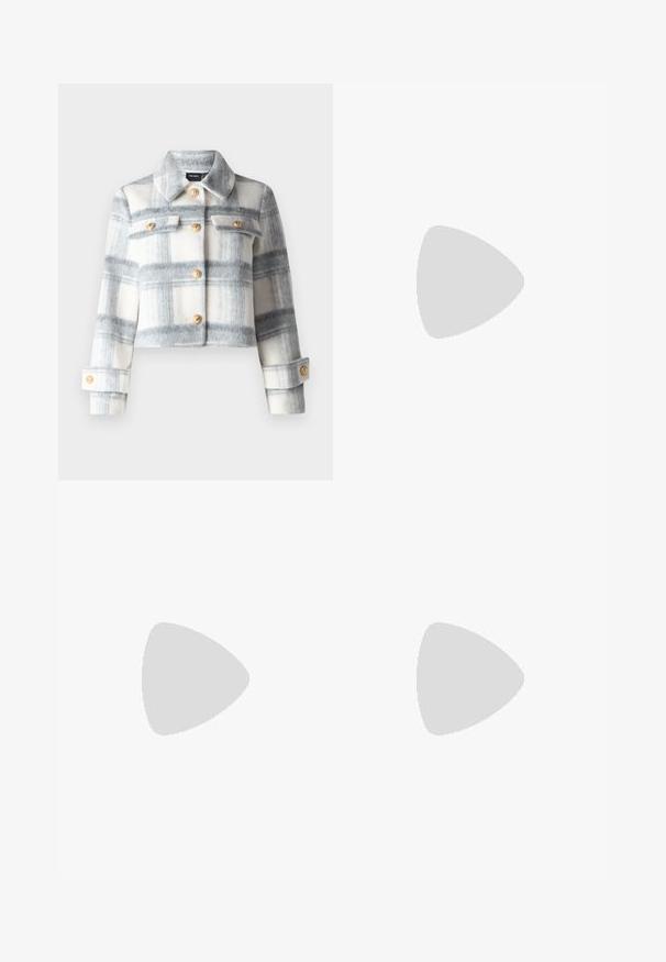 Cropped plaid jacket in gray and white wool, featuring gold buttons, a collar, and two chest pockets with flap and button closure.; Black cotton t-shirt, short sleeves, crew neck, relaxed fit, smooth texture, simple design, no patterns or accents.; Black wide-leg pants with an elastic waistband. Made from a textured material, featuring a loose fit and straight cut from hips to hem.; Black strappy sandal with a square toe and a low block heel. Features multiple thin straps and an adjustable ankle strap. Made of smooth leather.