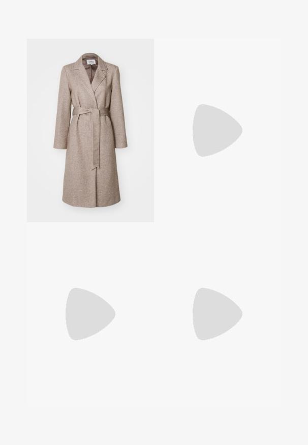 ONLY ONLNICOLE LIGHT WRAP  - Classic coat - walnut melange; Long-sleeve top in beige with a leopard print pattern featuring brown and black spots. Round neckline and fitted design. Soft fabric texture.; Black leather wide-leg pants with a smooth texture, featuring a front button closure and five-pocket design. Tailored for a relaxed fit.; Black ankle boots with a pointed toe, crafted from smooth leather. Features a block heel and a fitted shaft, with visible seam details.