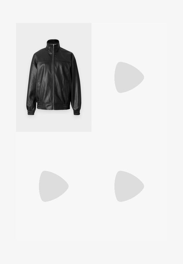 Must nahast pommitaja jope kõrge krae, eesmine tõmblukk, elastsed varrukaotsad ja veidi lõdvestunud lõige. Omab küljetaskuid.; Kolmest crew-neck t-särgist must, oliiviroheline ja valge. Lühikesed varrukad, soonikkoes kaelus ja kohandatud disain.; Hallid hallid laiad teksad, mis on valmistatud siledast denimist, sisaldavad nööpi ja tõmblukku ning viis taskut.; Mustad seemisnahast tossud valgete triipude ja detailidega, ümarate varbassosadega, kummist välistallaga, paaritatud valgete soonikuliste meessokkidega.