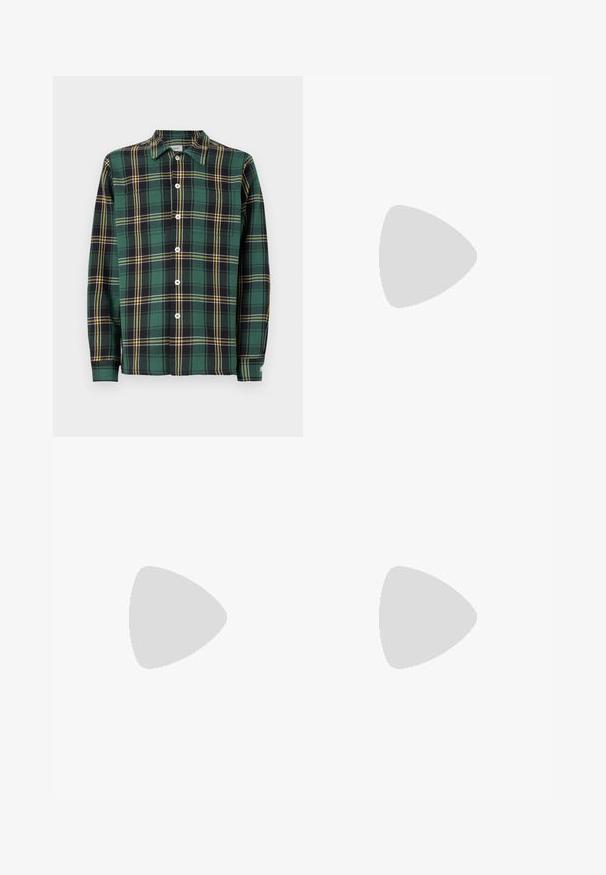 Zaļš flanelis krekls ar melnu un dzeltenu rūtiņu rakstu, garām piedurknēm, apkakli un pogu priekšējo aizdari. Iespējamas baltas pogas un etiķete.; Balta garām piedurknēm T-kreklā, kas izgatavots no kokvilnas. Arapa kakla dizains ar ribotām aprocēm un mazu logotipu uz kreisās piedurknes. Gluda tekstūra.; Gai zila džinsu bikses ar taisnu kāju dizainu, kas piedāvā vidēju vidukļa augstumu, piecas kabatas un pogas un rāvējslēdzēja aizdari.; Melnas ādas mokasīni ar pērlītēm uzsvaru, ar masīvu melnu zoli un dzeltenu šuvumu gar malu. Ar teksturētu apdari.; Trīslīmeņu sudraba metāla kaklarota ar gludām, elastīgām ķēdēm, kas spīd, droši piestiprināta ar omā uzgali un regulējamu ķēdi.