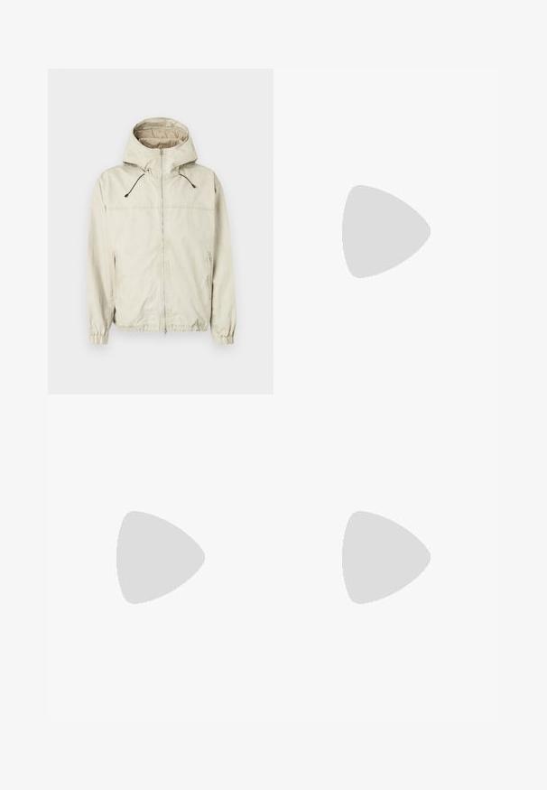 Light beige jacket with a hood, front zipper, elastic cuffs, and two side pockets. Features adjustable drawstrings and a smooth texture.; Black turtleneck sweater made of soft material, featuring long sleeves and a snug fit. Ribbed trim at the hem and cuffs. Simple design.; Black denim jeans with a straight-leg design, featuring a button closure, five pockets, and minimal stitching for a clean look.; Black leather lace-up shoe with a rounded toe, smooth texture, minimal stitching, and a low rubber heel. Logo on the heel.