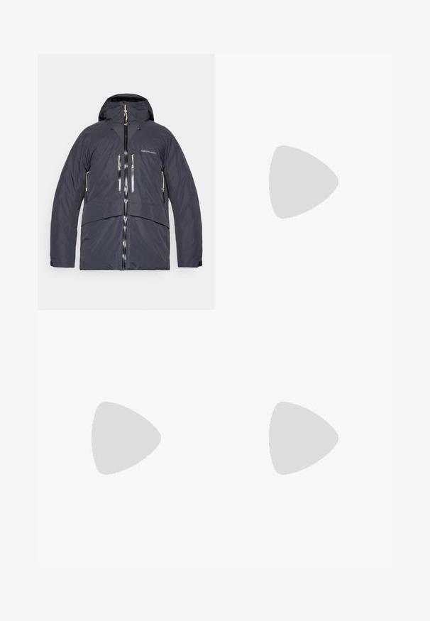 Heren geïsoleerde jas in donkergrijs, voorzien van een capuchon, dubbele ritszakken en contrasterende gele accenten op de ritsen en koordjes.; Grijze sportieve t-shirt met korte mouwen van gladde, lichte stof. Bevat een witte logo op de linkerborst. Rondhals ontwerp.; The North Face WINTER EXPLORATION TAPERED CARGO  - Outdoorbroeken - black; Zwarte sportschoen met een gestructureerde bovenkant, grijze accenten, reflecterende details en een dikke witte zool met Vibram-logo.