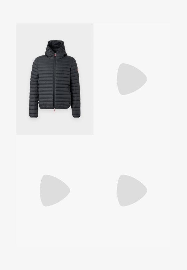 Puffer jacket in black nylon with horizontal stitching, zip closure, and attached hood. Features a small red zipper pull and logo emblem.; White sweatshirt made of cotton with long sleeves, round neckline, and black Nike logo on the left chest. Soft texture with ribbed cuffs.; Black cotton trousers with a slim fit, featuring a button closure, belt loops, and side pockets. Smooth texture, no visible patterns.; Black synthetic leather sneaker with a white rubber sole, featuring round laces, curved design, and a small logo detail on the side.