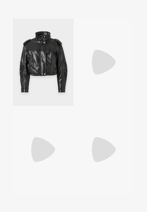 Black faux leather cropped jacket with high collar, snap buttons, and shoulder epaulettes. Features a smooth, glossy texture and elastic waist.; Black and gray plaid button-up shirt with a collar, long sleeves, and a relaxed fit. Fabric appears soft with a slight texture.; Light blue denim wide-leg jeans with a high waist, featuring two front pockets, belt loops, and a subtle faded texture.; White leather sneaker with beige suede accents, perforated toe box, flat laces, and a textured cream sole. Features subtle branding on heel.