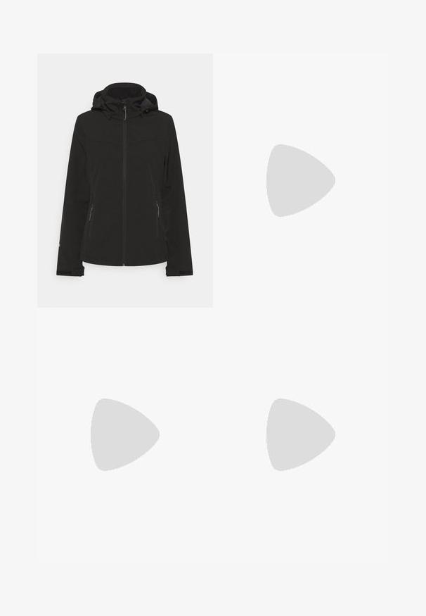 Zwarte softshell jas met een rits aan de voorkant, verstelbare capuchon, zijzakken en elastische manchetten. Glad textuur met een aansluitende pasvorm.; Grijze T-shirt met korte mouwen, gemaakt van zachte, vochtabsorberende stof. Heeft een ronde hals en een klein wit logo op de bovenste linkerzijde.; Zwarte, strakke broek gemaakt van een flexibel materiaal. Kenmerken zijn onder andere een ritszak aan de zijkant, gebogen knieën en een gladde textuur.; Zwarte wandelschoen met een mid-top ontwerp, voorzien van een gestructureerde bovenkant, grijze accenten en een duurzame rubberen zool met gripnoppen.