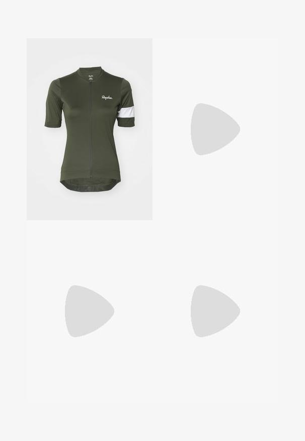 Olivegrünes Fahrradtrikot mit kurzen Ärmeln, ausgestattet mit einem Reißverschluss vorne, weißen Streifenakzenten an den Ärmeln und einem Logo auf der Brust.; Weißes, kurzes T-Shirt aus weichem Stoff, mit kurzen Ärmeln und rundem Ausschnitt. Schwarzes Logo auf der linken Brust.; adidas Performance ADIZERO - Kurze Lauftights - black; Schwarze Sportschuhe mit weißen Streifen, gelben Zehenakzenten und strukturierten Obermaterialien. Mit einer gepolsterten Sohle und schwarzen Schnürsenkeln.