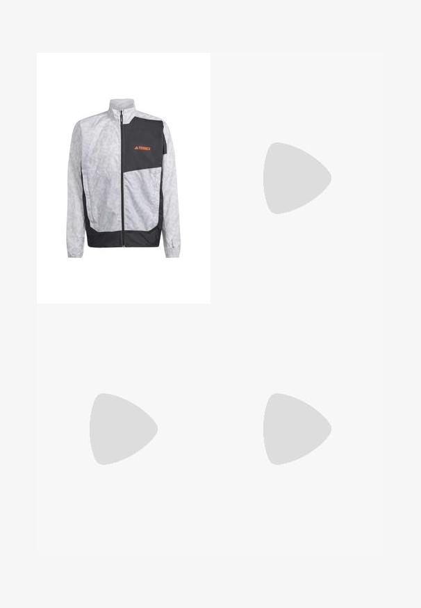 Lightweight windbreaker in white with gray stripes and a black accent panel. Features a high collar and front zipper. Logo in orange.; Black short-sleeve t-shirt made of lightweight fabric, featuring a light gray “TERREX” logo across the chest and a crew neckline.; Khaki outdoor pants with a adjustable black belt, zippered pockets, tapered cuffs, and detachable lower legs for versatile styling.; Black athletic shoe with a mesh upper, reflective accents, elastic laces, and a textured rubber sole. Features a sleek design for performance.