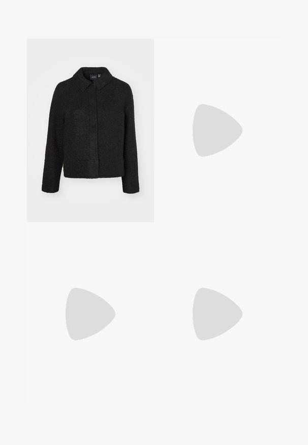 Black wool-blend jacket with a textured finish, collar, front closure, and side pockets. Features a boxy silhouette and long sleeves.; Three long-sleeve tops stacked: black, grey, and white. Each has a round neckline and a cropped design with smooth, lightweight fabric.; Black flared pants made from stretchy fabric, featuring a high waistband and flared cuffs with side slits for additional movement.; Gray suede sneakers with white laces, black stripes, and a white rubber sole. Features a circular logo on the tongue and a gum sole.