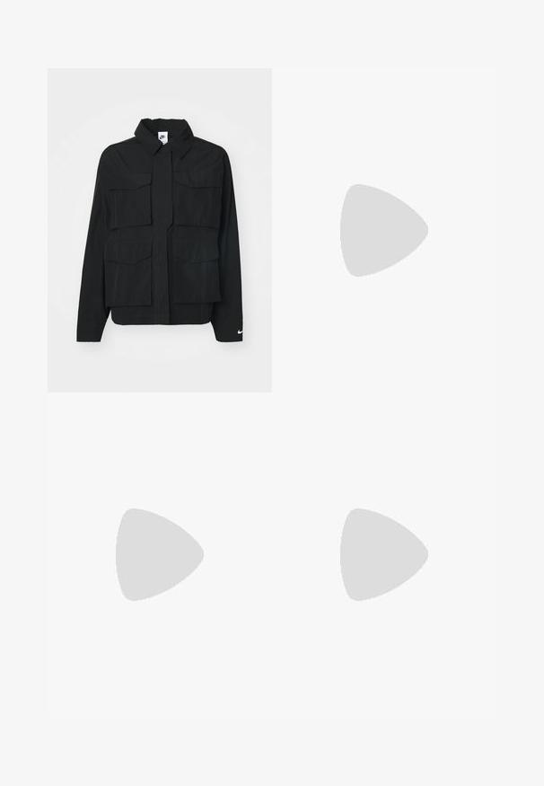 Črna jakna s kragnim ovratnikom, ki ima dve veliki sprednji žepini in Nike logo na manšeti. Narejena je iz gladkega, lahkega materiala.; Skrajno odrezana črna bombažna majica s kratkimi rokavi, z belim napisom "Vice Sportswear" in krožno grafiko spredaj.; Črne kratke hlače iz vzdržljive tkanine, s pravim krojem, sprednjimi žepi, z zadrgo in z zaponko iz kovine.; Črne usnjene in sintetične superge z belim Nike swooshom, gumo na podplatu, okroglo konico ter črnimi vezalkami. Vidne so rebraste bele nogavice.