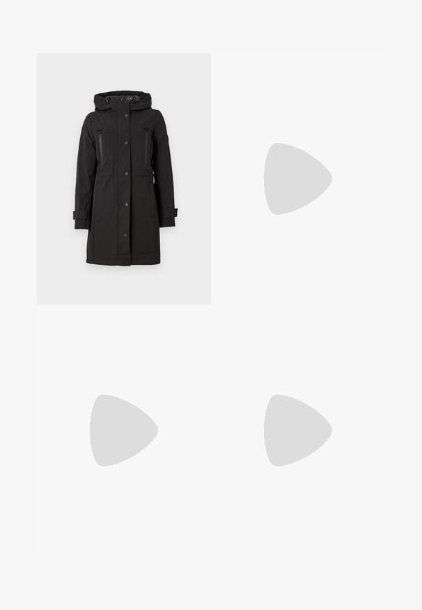 MICHAEL Michael Kors HOODED JACKET  - Parka - black; Filippa K BRAID - Džemperis - black; Melnas bikses, izgatavotas no gludas auduma, ar augstu vidukli, platiem bikšu galdniekiem, priekšējiem krokām un klasiskām jostu cilpām. Sānu kabatas nav redzamas.; Melnas ādas potītes zābaki ar norādītu pirkstu un elegantu dizainu. Iezīmē zemu papēdi un rāvējslēdzēja aizdari aizmugurē. Gluda tekstūra.
