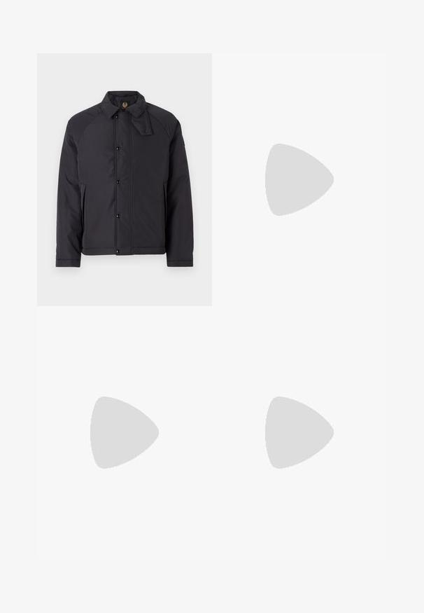 Black, padded jacket with a collared neckline, snap buttons, and side pockets. Features raglan sleeves and a smooth, matte texture.; Black cotton t-shirt with short sleeves, round neckline, and a small green logo on the left chest pocket. Simple design, regular fit.; Black trousers with a straight-leg design, crafted from smooth fabric. Features an elastic waistband and a button closure.; Black suede lace-up ankle boot with pull tab and textured sole, featuring small embossed crocodile logo on the side.
