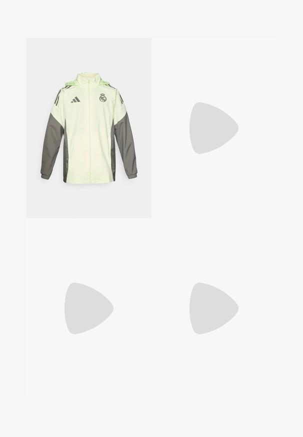 Hellgrüne und graue Jacke mit Reißverschluss, Kapuze und verstellbaren Schnüren. Verfügt über drei schwarze Streifen auf jeder Schulter und ein Logo.; Helles grünes Kurzarmtrikot mit dunkelgrauen Akzenten, auf der Brust mit dem Teamlogo, aus atmungsaktivem Material mit feuchtigkeitsableitender Technologie.; Graue Sportshorts mit elastischem Bund, hellgrünen Seitenstreifen und einem weißen Real Madrid-Logo am linken Saum.; Weißer Fußballschuh mit schwarzen Streifen, strukturiertem Obermaterial und einem subtilen Farbverlaufsmuster. Verfügt über eine geformte Laufsohle mit sichtbaren Stollen.