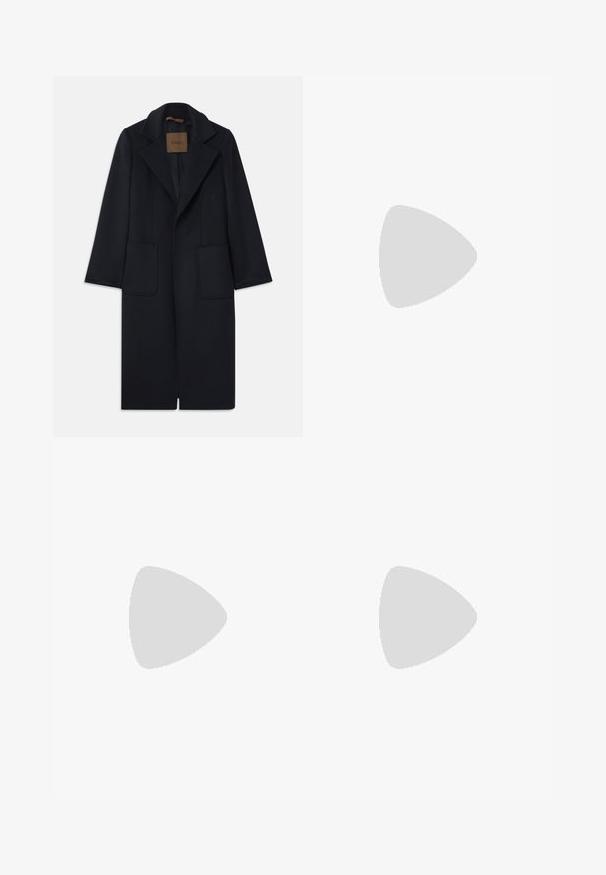 Navy wool coat with a tailored silhouette, notched lapels, two front pockets, and a straight cut. Smooth texture and minimal detailing.; Black knit sweater with long sleeves, crew neckline, and a small white heart on the chest. Soft texture and ribbed cuffs and hem.; Dark blue pinstriped trousers with a high waist, wide leg design, and no visible hardware or embellishments. Smooth texture and tailored fit.; Paul Smith TOPANGA - Ballet pumps - black; Pleated beige leather clutch with a silver metal frame, featuring two round decorative clasps and a silver chain strap.