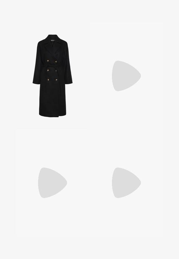 Black double-breasted coat with a belted waist, gold-tone buttons, wide lapels, and long sleeves; made of a soft, textured fabric.; Black long-sleeve ribbed top with a high neck and a back zipper detail, featuring a fitted silhouette and soft texture.; Wide-leg jeans in dark denim, featuring a faded gradient from dark to light, with five pockets and contrasting stitching detail.; Black leather platform loafers with a rounded toe and wide strap across the vamp. Features a chunky, square heel and smooth texture.