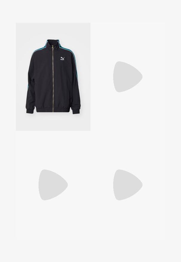 Puma T7  PLAY.LOUD. TRACK - Tréning dzseki - puma black; Öt hosszú ujjú póló egymás mellett: türkiz, fekete, fehér, sötétszürke és tengerészkék. Puha anyag, kerek nyakkivágású kialakítás és standard fit.; Bézs színű corduroy, bő szárú nadrág. Jellemzője a texturált, függőleges bordázás, valamint a hagyományos derékpánt és két elülső zseb.; Fekete bőr mokaszin, rojtos díszítéssel, masszív fekete talppal és sárga varrással az élén. Texturált felület.