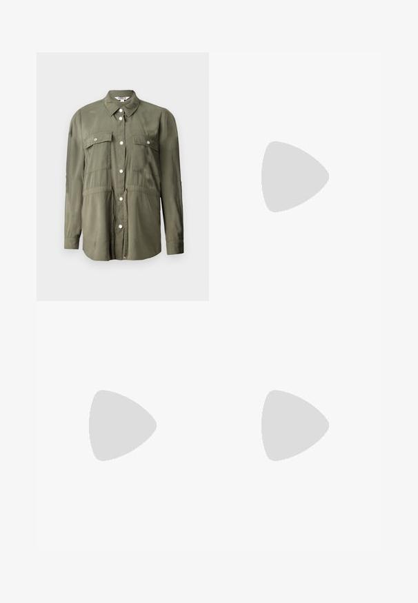 Olive green shirt made of a soft fabric, featuring a button-up front, two chest pockets with flaps, and long sleeves.; Black short-sleeve t-shirt with a round neckline, crafted from soft cotton fabric. Simple design, no visible logos or patterns.; Black, wide-leg pants in a faux leather material. Features a high waist, belt loops, two front pockets, and stitched detailing.; Black leather pointy-toe pump with an ankle strap and a chunky heel. Flat texture, sleek design, and minimalistic aesthetics.
