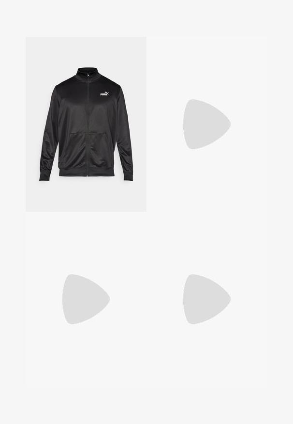 Sort zip-jakke lavet af glat, skinnende stof. Har en høj krave, to forlommer og et hvidt Puma-logo på venstre bryst.; Sort atletisk t-shirt lavet af fugtabsorpterende stof, rund hals, korte ærmer, med et lille hvidt logo på venstre bryst.; Sorte atletiske shorts lavet af letvægtsstof, med en hvid side-stribe og en hvid Puma-logo på nederste venstre front.; Sorte sportssko med mesh-overdel, syntetiske detaljer og polstret krave. Har en dæmpet sål og snørebåndsdesign for en sikker pasform.