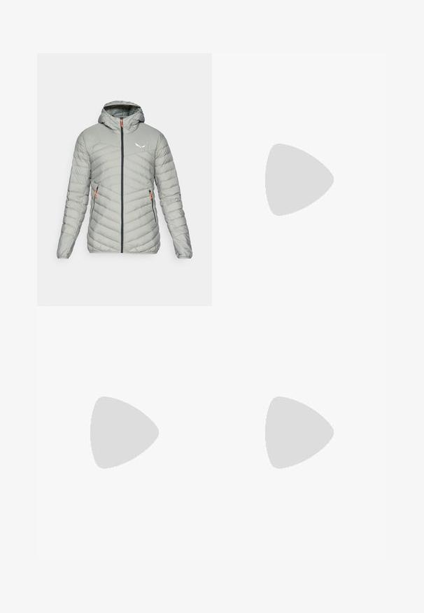 Salewa BRENTA - Down jacket - shadow; Brown crew-neck sweater made of soft fabric, featuring ribbed cuffs and hem, with a small, dark blue embroidered logo on the chest.; Beige cotton trousers with a straight cut, featuring belt loops, a flat front, and tailored hems. Smooth texture and minimal detailing.; White leather sneakers with perforations, round toe, flat sole, and thick laces, featuring a visible swoosh logo and "AIR" on the heel.