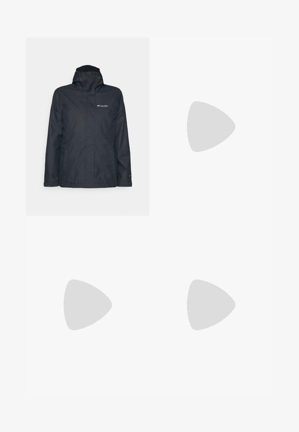 Black waterproof jacket with a zip front, adjustable hood, and two side pockets. Features Columbia logo on the chest. Smooth texture.; Long-sleeve dark gray shirt with a graphic of red trees and mountains; "COLUMBIA" logo in bold white text. Soft fabric, standard crew neck.; Navy blue pants made of smooth fabric, featuring a front button closure, slim-fit design, and creased detailing at the knees.; Columbia PEAKFREAK - Hiking shoes - black