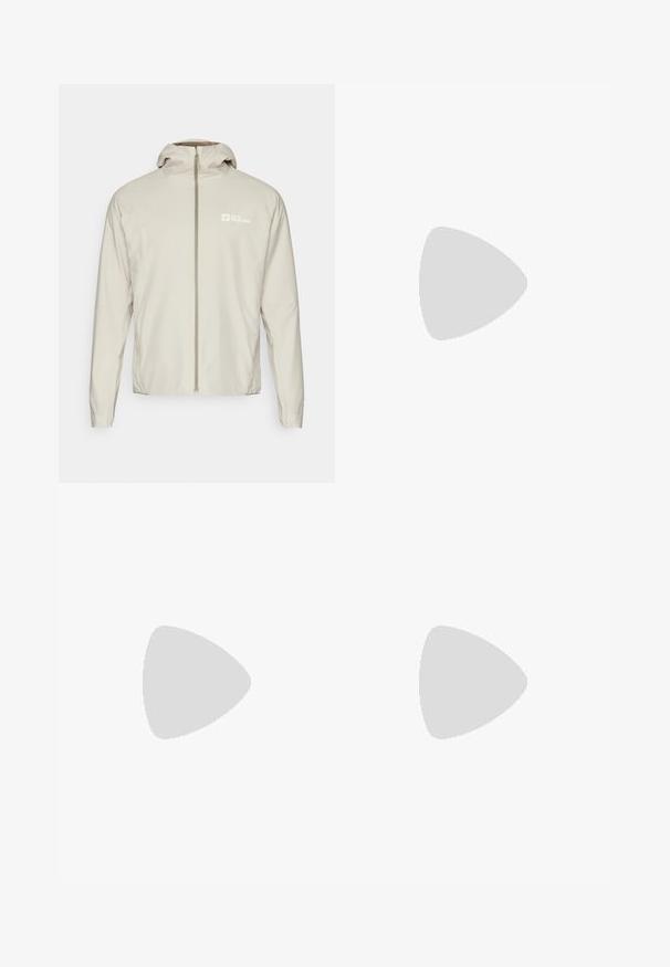 Lys beige, let jakke med fuld frontlynlås, aftagelig hætte og logo på venstre side. Glat tekstur og normal pasform.; Sort kortærmet t-shirt lavet af bomuld, med rund halsudskæring og et lille hvidt logo på den øverste venstre brystområde.; Sorte træningsbukser med elastisk talje, lavet af letvægtsmateriale, med et lille logo på det nederste ben og et lige bukseben design.; Sort trail løbesko med en struktureret overdel, gummisål og forstærket tåhætte. Har en polstret krave og en pull-tab til nem påtagning.