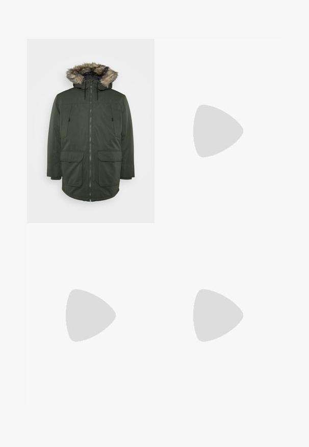 Parka de color verde oscuro con capucha forrada de piel, cremallera frontal y dos grandes bolsillos con solapa, fabricada con un material resistente a la intemperie.; Camiseta de algodón blanca con mangas cortas, cuello redondo y un texto gráfico rojo que dice "FRUTA DELICIOSA Y REFRESCANTE" en la parte frontal.; Pantalones cargo negros con una cintura elástica, bolsillos laterales y detalles de botones a presión. Fabricados con una tela ligera y suave.; Zapatilla de correr negra con parte superior de malla y sintético, suela flexible y cordones elásticos. Presenta una entresuela acolchada para mayor comodidad.; Gafas de sol con lentes rectangulares de color gris oscuro, montura de metal plateado y puntas de plástico negro en las patillas. Diseño ligero con almohadillas nasales.