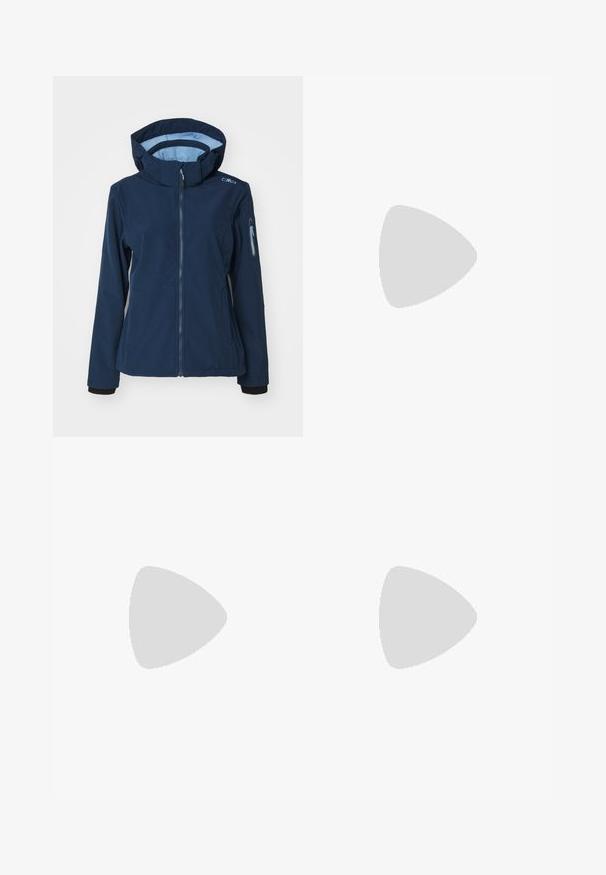 CMP ZIP HOOD - Giacca softshell - blue sky; T-shirt nero a maniche corte realizzato in tessuto morbido. Presenta un logo bianco Adidas e strisce bianche a contrasto lungo i lati.; Pantaloni neri, leggeri, impermeabili, con vita elasticizzata, tasche laterali e polsini regolabili. Presentano un logo bianco sulla coscia sinistra.; Scarpa da corsa nera con tomaia in rete traspirante, punta rotonda, design elegante, dettagli testurizzati e suola ammortizzata per il comfort.