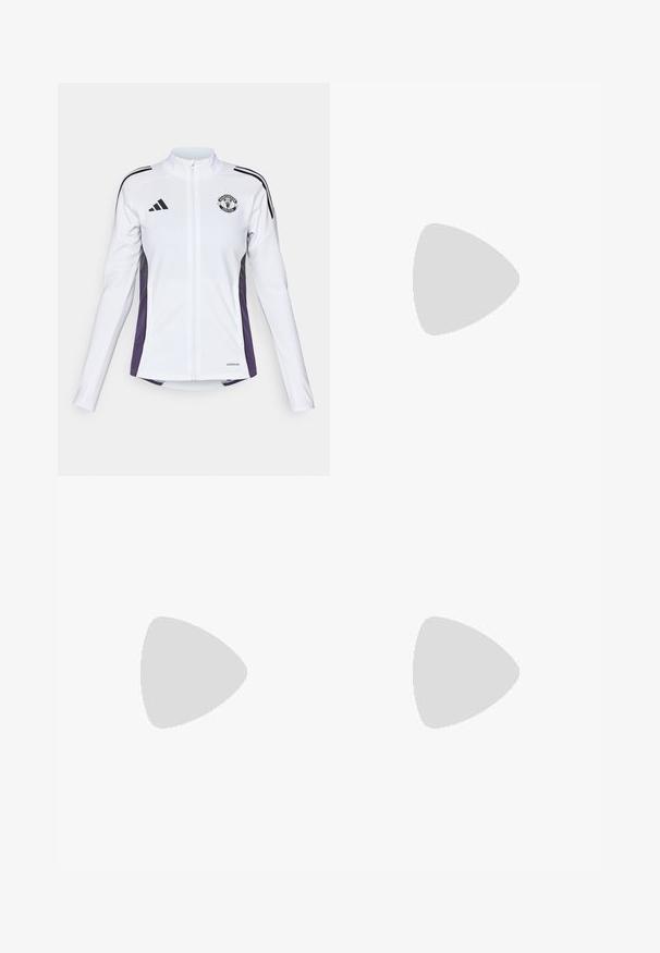 Bela jakna na zadrgo z dolgimi rokavi, črno in vijolične akcenti na straneh, z logotipom na prsih in tremi črnimi črtami na ramah.; Bela športna majica s kratkimi rokavi, narejena iz gladkega, elastičnega materiala. Na prsih ima majhen črn logotip Adidas.; Beli atletski šorti z črnim stranskim panelom, izdelani iz lahkega blaga. Imajo elastičen pas in črn logotip Adidas na spodnjem delu noge.; adidas Performance PUREBOOST 5 - Tekaški copati za cesto - white/glow blue/purple burst