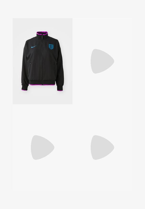 Black jacket with purple accents and high collar. Features a front zipper, side pockets, and blue Nike logo. Includes England crest design.; Black cotton t-shirt with short sleeves, featuring green and white "Nike Tennis Club" graphic, tennis ball, and racket illustrations.; Black athletic pants with a shiny, smooth fabric, featuring an elastic waistband, wide legs, and a small logo on the left side.; Black leather and synthetic sneakers with white Nike swoosh, rubber gum sole, round toe, and black laces. Ribbed white socks visible.