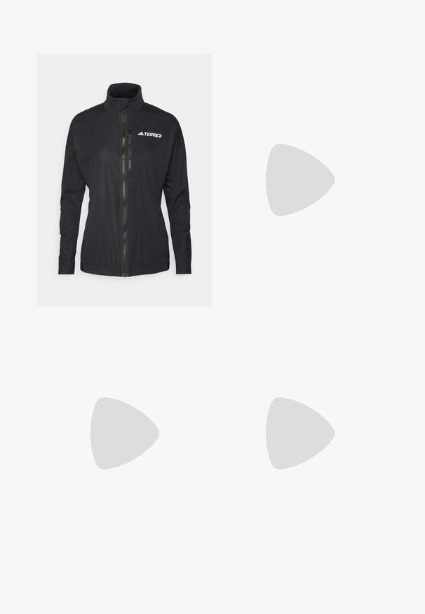 Die schwarze Terrex-Jacke verfügt über einen hohen Kragen, einen Frontreißverschluss und einen glatten, leichten Stoff mit einem gestickten Logo auf der Brust.; Schwarzes Sport-T-Shirt mit kurzen Ärmeln, hergestellt aus synthetischem Material. Verfügt über ein kleines weißes Logo auf der Brust und weiße Streifen an den Seiten.; Weiße Sportshorts mit roten Seitenpaneelen, die blaue und weiße Streifen aufweisen. Elastischer Bund; Adidas-Logo in Pink auf der linken Seite.; Schwarze Sportschuhe mit einem Obermaterial aus Mesh, stromlinienförmiger Form, flacher Sohle und drei diagonalen Streifen an der Seite. Leichtes Design für Komfort.