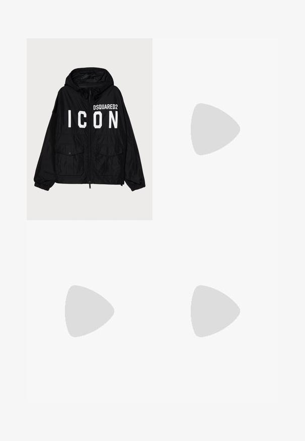 Schwarze Windbreaker-Jacke mit Kapuze, ausgestattet mit weißem "DSQUARED2 ICON"-Text auf der Vorderseite, zwei Fronttaschen und elastischen Bündchen.; Schwarzes Baumwoll-T-Shirt mit Rundhalsausschnitt und kurzen Ärmeln. Mit einem kleinen blauen Logo auf der linken Brust. Einfaches, gerade geschnittenes Design.; Dunkelblaue Denim-Jeans mit geradem Bein, fünf Taschen und dezenten Stickdetails. Verfügen über einen Knopf- und Reißverschluss.; Schwarze Ledersneaker mit weißen Gummisohlen, ausgestattet mit runden Schnürsenkeln, glatter Oberfläche und dezentem Branding an der Ferse. Getragen mit blauen Jeans.