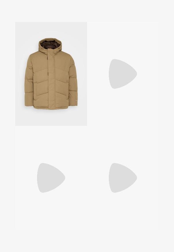 Jack & Jones JJWORLD PUFFER JACKET  - Winter jacket - elmwood; White short-sleeve T-shirt in a ribbed texture. Round neckline, relaxed fit, no visible patterns or accents. Simple and versatile design.; Light olive green pants made of cotton blend fabric, featuring an elastic waistband with drawstring, and two large side pockets.; White leather sneaker with a smooth surface, round toe, and flat white laces. Features a textured rubber sole and minimal design elements.