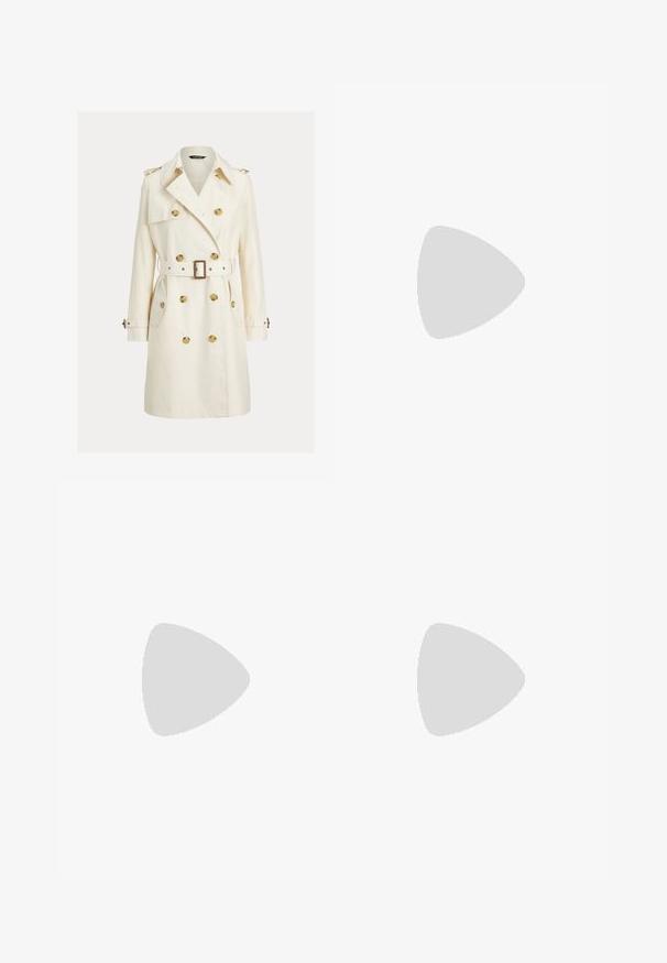 Double-breasted trench coat in cream fabric, featuring gold buttons, matching belt, and shoulder epaulettes. Long sleeves and side pockets.; White sleeveless sweater made of smooth cotton, featuring a ribbed hem and a small navy logo on the bottom left. Simple design, no patterns.; White wide-leg trousers with a high waist, featuring a button closure and subtle stitching details. Made from cotton with a smooth texture.; Beige leather sandals with crossed straps, buckle detail, and a jute platform sole. The design features a thick woven texture and flat base.; White leather handbag with a curved shape, gold hardware, and a textured finish, worn over a dark blazer and white shirt.