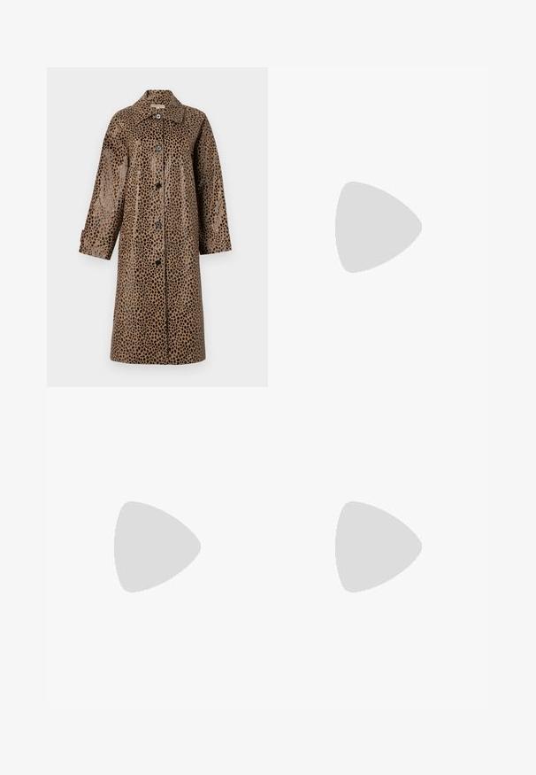 Brown leopard print coat with a glossy texture, featuring a collar, long sleeves, and black buttons along the front.; Black cotton blend t-shirt with a round neck, short sleeves, and a relaxed fit. Label reads "WEEKDAY" on the inside neck.; Black wide-leg trousers made of smooth fabric. Features a front pleat, button closure, and a tailored waistband for a streamlined fit.; Blue and silver athletic shoes with a textured upper, perforations, and a curved sole featuring metallic cushioning elements. Black logo accent.
