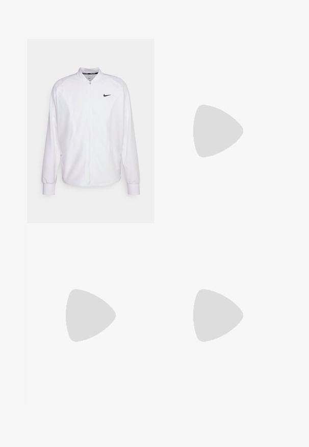 Weißer, kurzer Sportjacke mit glatter Oberfläche. Sie hat einen Stehkragen, lange Ärmel und ein kleines schwarzes Nike-Logo auf der Brust.; Weißes Nike T-Shirt mit kurzen Ärmeln aus glattem Synthetikmaterial, mit einem schwarzen Logo auf der linken Seite der Brust.; Weiße Sporthose mit elastischem Bund, schmal zulaufenden Beinen und einem kleinen Logo-Detail an der Seite. Glattes und leichtes Material.; Weißer Sportschuh mit strukturiertem Mesh-Obermaterial, schwarzer Gummisohle und türkisfarbenem Nike-Swoosh-Akzent. Verfügt über Schnürsenkel und gepolsterten Kragen.
