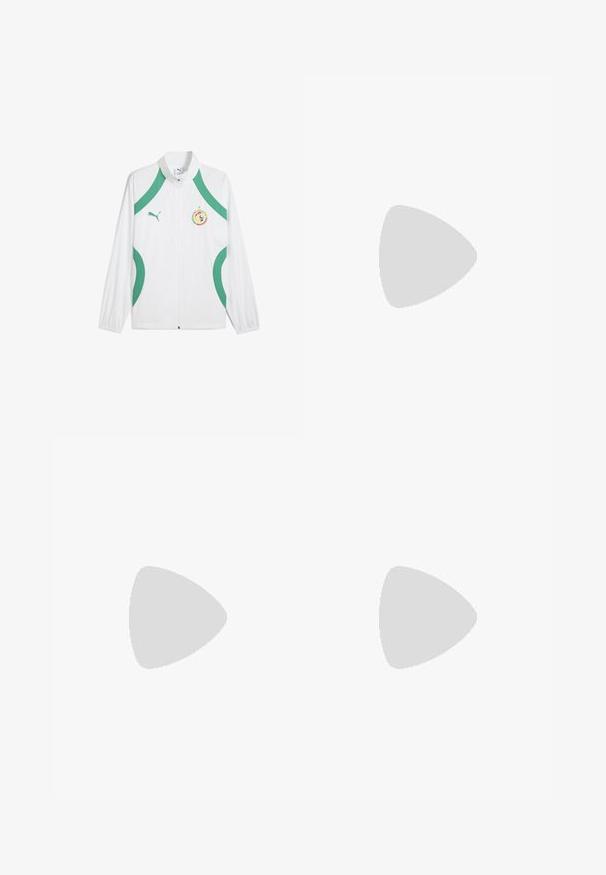 Vit sportjacka med gröna accenter och snöre, med dragkedja fram, hög krage och en logotypapplikation på bröstet.; Vit bomullskortärmad T-shirt med ribbad krage som har gröna och svarta ränder; liten grön broderad logotyp på vänster bröst.; Marinblå sweatpants tillverkade av mjukt tyg, med dragsko i midjan och sidofrakta. Inkluderar en liten broderad logotyp på vänster lår.; Vita lädersneakers med perforerade detaljer, platta snören och en liten grön logga på sidan. Gummisula och vadderad krage för komfort.