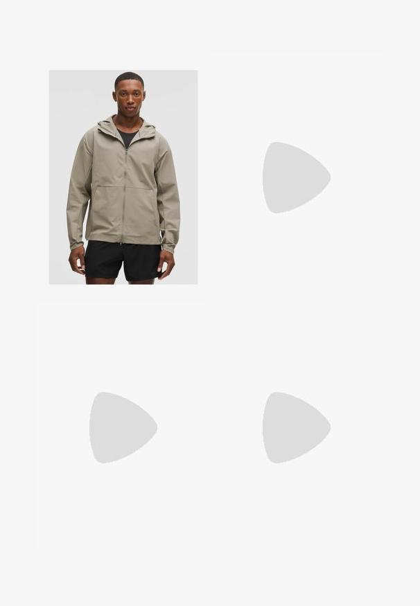 Veste zippée beige clair avec capuche, dotée d'une texture lisse et de poignets ajustables. Portée par-dessus un haut noir, associée à un short noir.; T-shirt de sport noir à manches courtes en tissu léger, avec un col rond et un logo Adidas gris sur la poitrine.; Shorts de sport noirs avec des bandes blanches sur les côtés, fabriqués en tissu extensible, dotés d'une taille haute et d'une coupe ajustée pour le confort.; Chaussure de sport blanche avec des rayures diagonales noires, des accents rouges au talon et une tige texturée ; elle est dotée d'un amorti LIGHTSTRIKE PRO.