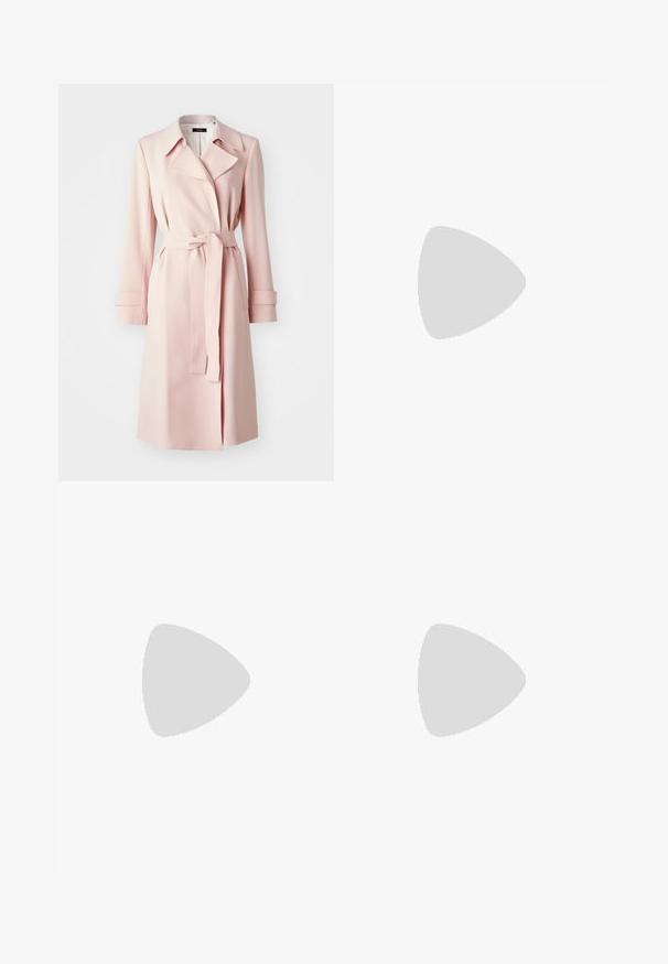 Theory OAKLANE ADMIRAL - Classic coat - blush; White cotton t-shirt with short sleeves, round neckline, relaxed fit, and stitched hem. Label visible on the inside neck.; White wide-leg trousers made from cotton with a smooth texture. Features a front button, zipper fly, and four-pocket design.; Stuart Weitzman NUDIST BLOCK 75 - Classic heels - adobe