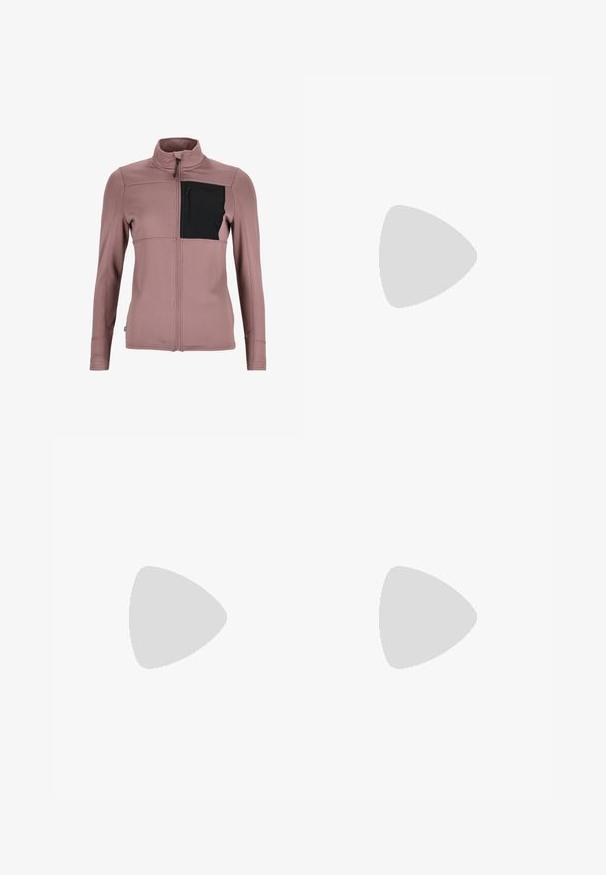 Fitted, long-sleeve jacket in light mauve with textured fabric and a black chest pocket. High collar with front zip closure.; Black short-sleeve cropped t-shirt, featuring a round neckline and soft, smooth fabric texture. No visible patterns or hardware.; Gray athletic shorts with a high waistband, made from smooth, stretchy fabric. Features flatlock seams and a fitted design.; Black athletic shoes with textured fabric, white sole, and black laces. Worn with white ribbed socks, standing on a light surface.