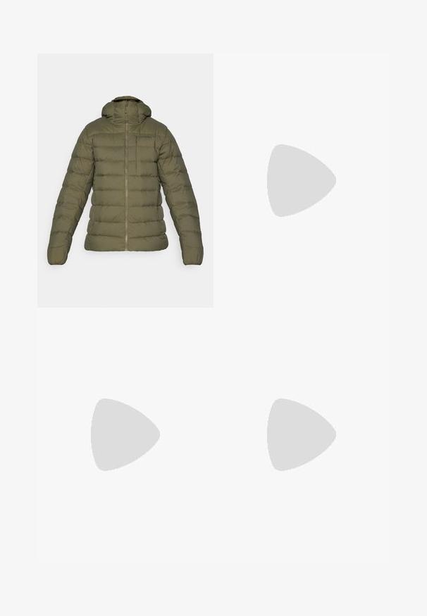 Olive green padded winter jacket with hood, front zipper, chest pocket, and side pockets, designed for insulation and warmth.; Beige short-sleeve t-shirt made of cotton, featuring a small black Columbia logo on the left chest. Standard crew neck design.; Black waterproof pants with a smooth texture, featuring two front buttons and a tapered leg design. Accented with a logo on the side.; Green Hoka running shoe with Gore-Tex upper, textured accents, elastic laces, and thick beige outsole featuring Vibram logo.