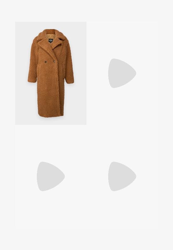 UGG GERTRUDE LONG COAT - Palton clasic - cognac; Hanorac gri deschis dintr-un material moale, având un buzunar frontal tip kangaroo, glugă ajustabilă și manșete și tiv din material ribbit.; Bershka WIDE-LEG - Wide leg - grey; adidas Originals SL72 OG - Sneakers low - maroon   almost yellow   preloved brown