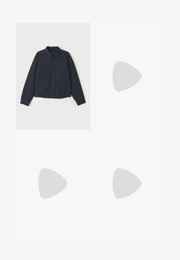 Navy blue jacket made of fabric, featuring a zip front, pointed collar, two large front pockets, and subtle logo embroidery.; White long-sleeve button-up shirt made of cotton, featuring a chest pocket with tonal embroidery, a collar, and button cuffs.; Brown, high-waisted trousers made of textured fabric. Features wide legs and two front pleats for structure. Neat finish with no visible hardware.; Black leather loafers with a smooth texture, rounded toe, and a decorative strap across the vamp. Low stacked heel, minimalist design.