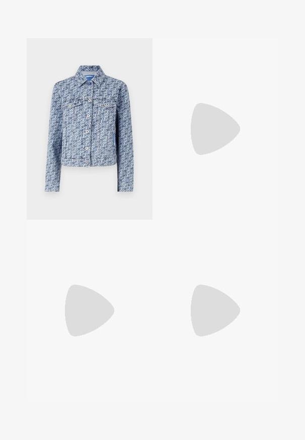 Denim jacket featuring a geometric blue pattern, button front closure, two chest pockets, and a classic collar design.; Black tank top made from smooth fabric featuring a wide neckline and a large white signature print on the lower front.; White, high-waisted, wide-leg trousers with pleats, button closure, and side pockets. Fabric appears smooth and lightweight.; Black leather slingback heels with a pointed toe, slender heel, and decorative buckle detail on the vamp. Smooth texture and sleek design.