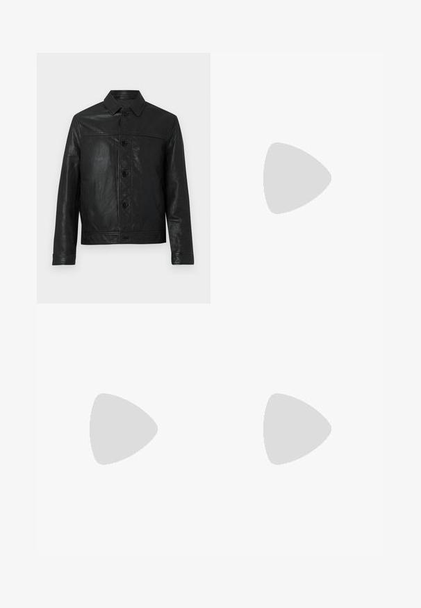 Sort læderjakke med knaplukning foran, spidse krave, to sidelommer og en struktureret design. Glat tekstur med synlige sømme.; Sort kortærmet T-shirt lavet af en glat bomuldsblanding, med en rund halsudskæring og et minimalistisk design uden mønstre eller accenter.; Sorte joggebukser lavet af glat stof. Har en elastisk talje med snor, tætsiddende ben og ingen synlige lommer. Enkel design.; Sorte læder slip-on loafers med en struktureret overflade og en kontrasterende beige gummisål. Har en subtil detalje langs forsiden.