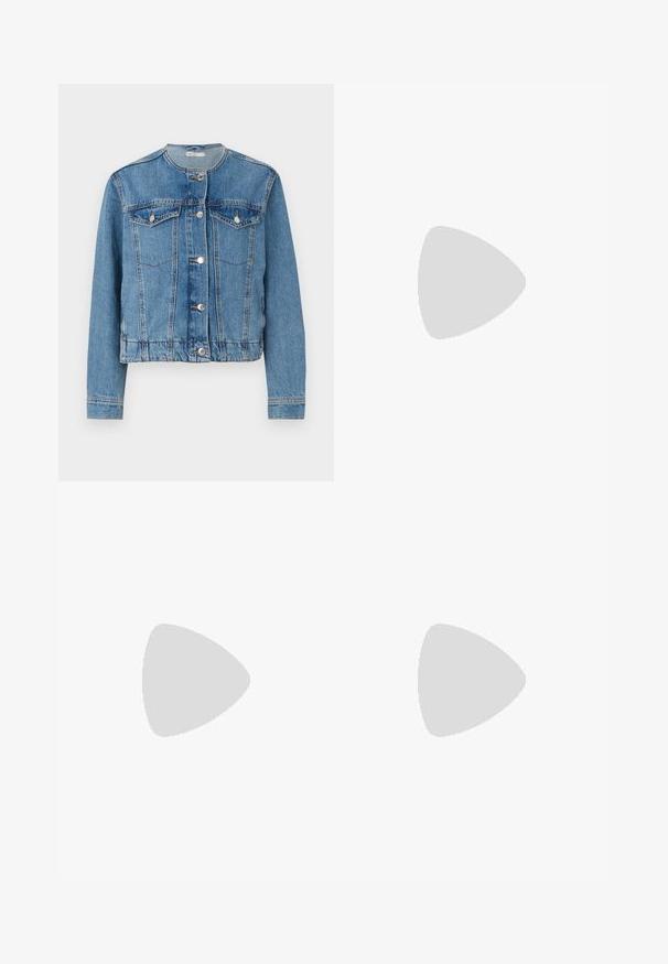 Veste en denim bleu clair avec un col rond, fermeture à boutons, deux poches poitrine et manches longues. Présente des détails de couture et des boutons argentés.; Débardeur noir sans manches en tissu doux, avec un détail noué à l'ourlet avant et un col rond.; Pantalons noirs côtelés avec un ourlet évasé, fabriqués à partir d'un tissu texturé. La taille élastiquée assure le confort. Idéals pour un port décontracté.; Sandale blanche à talons hauts avec un talon épais, présentant un design à lanières et un lien autour de la cheville. Texture lisse avec une plateforme à l'avant pour une hauteur supplémentaire.